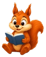 La mascotte Monelio, un écureuil, assise en train de lire un livre